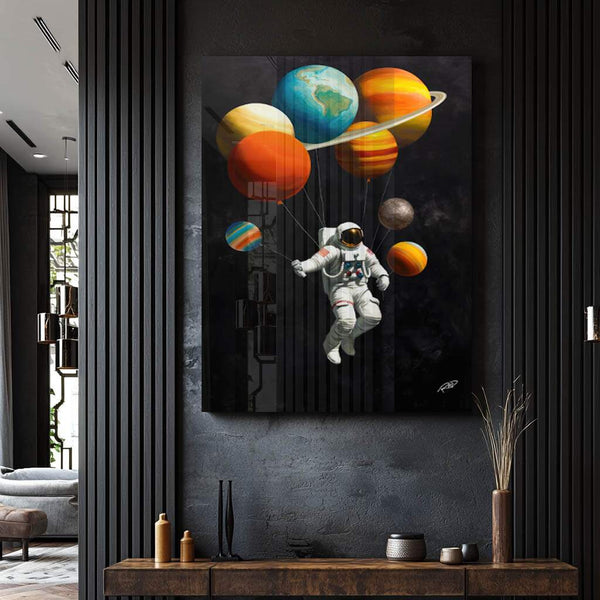 quadro em tecido canvas astronauta com sistema solar em cores vibrantes para sala e escritório