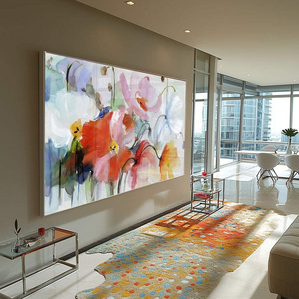 Quadro decorativo floral em aquarela com tons vibrantes e composição dinâmica