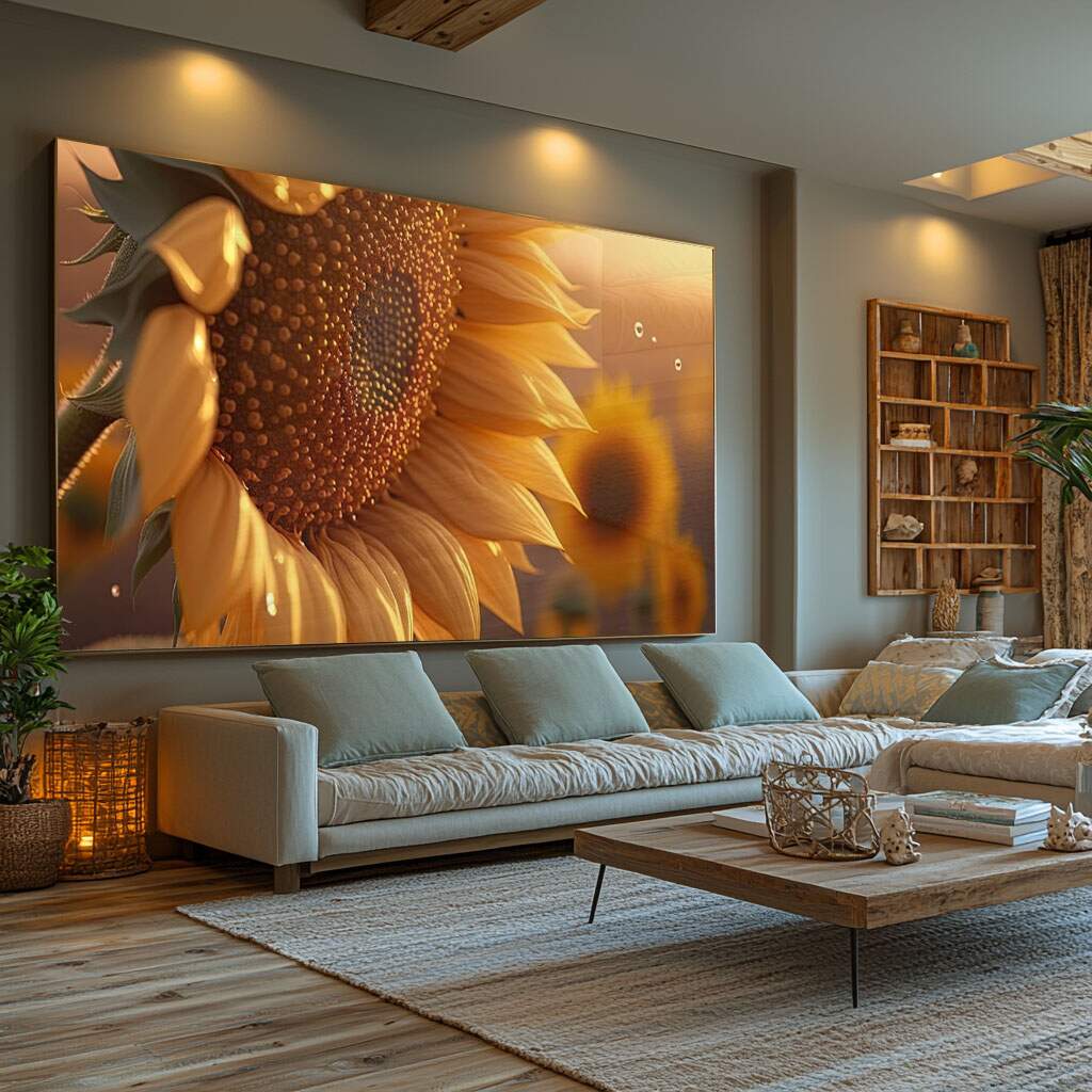 quadro decorativo girassol dourado em sala de estar com luz natural