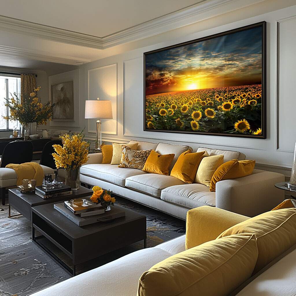 Quadro decorativo girassol majestoso em campo dourado ao entardecer