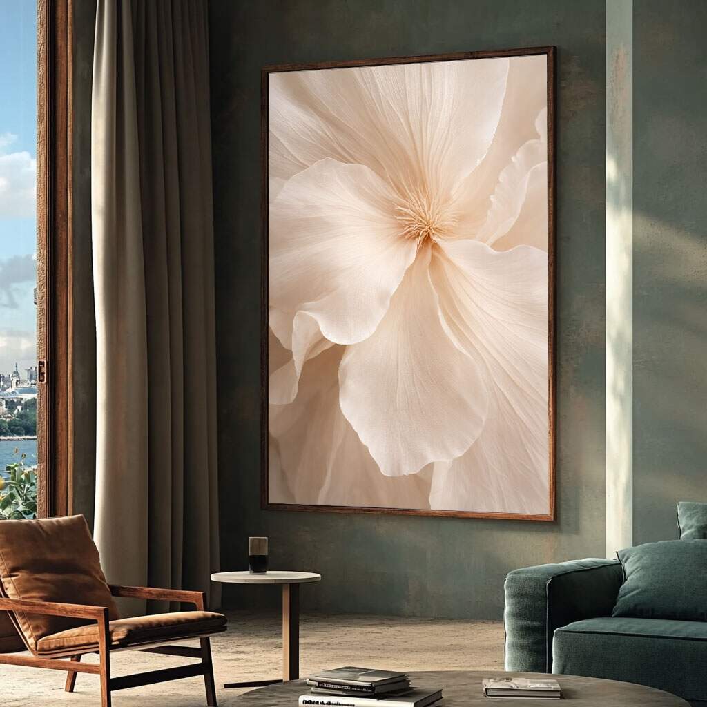 quadro decorativo floral elegante em moldura natural com tons bege e branco