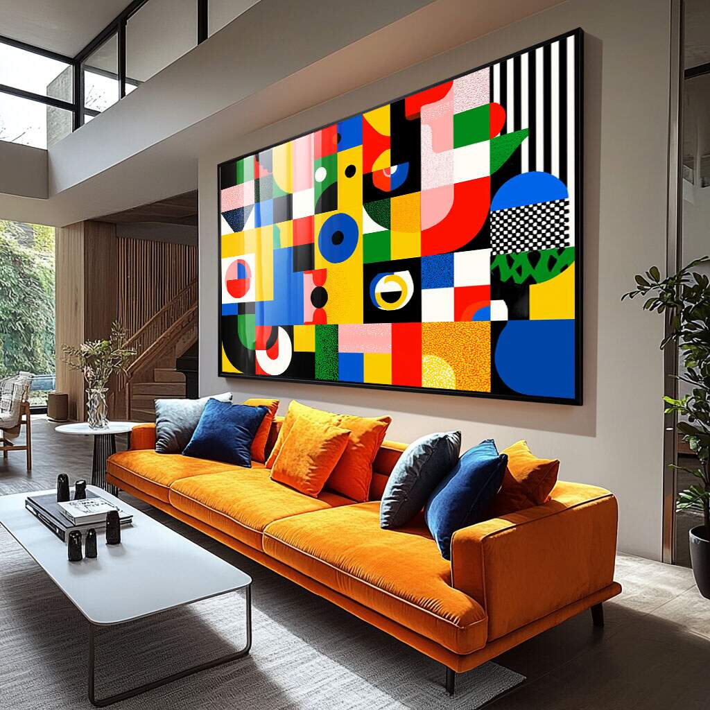 quadros decorativos para área de churrasqueira em estilo moderno com formas geométricas