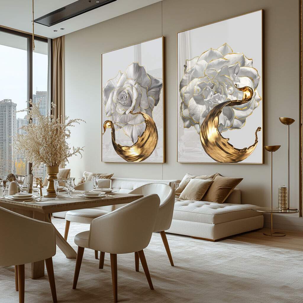 Como decorar com quadros duplos: composição de dois quadros em tons pastéis com moldura dourada