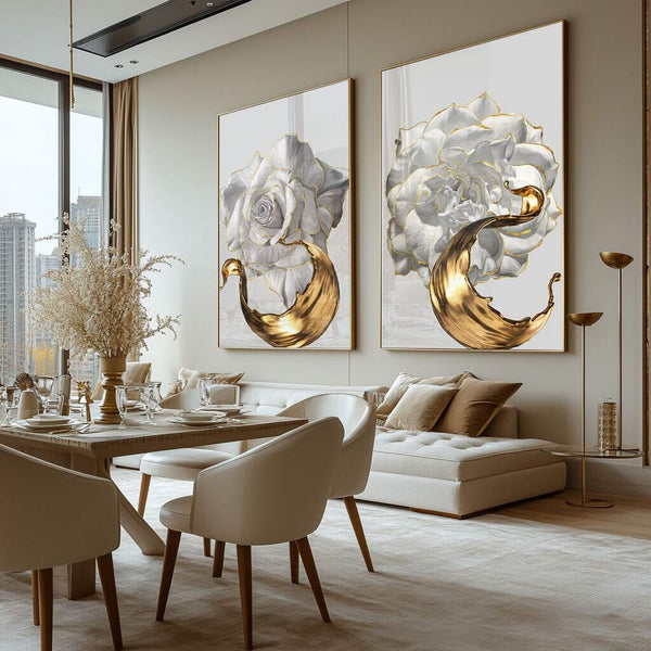 Como decorar com quadros duplos: composição de dois quadros em tons pastéis com moldura dourada
