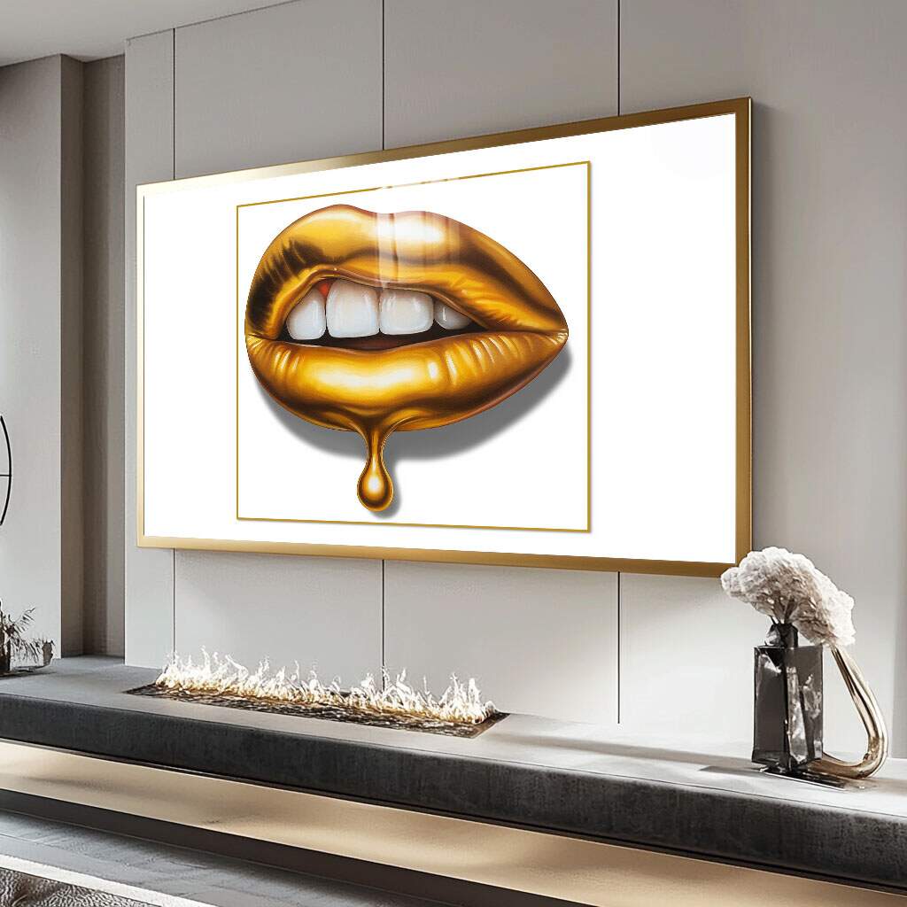 Quadro preto e dourado lábios decorativos em acabamento metalizado
