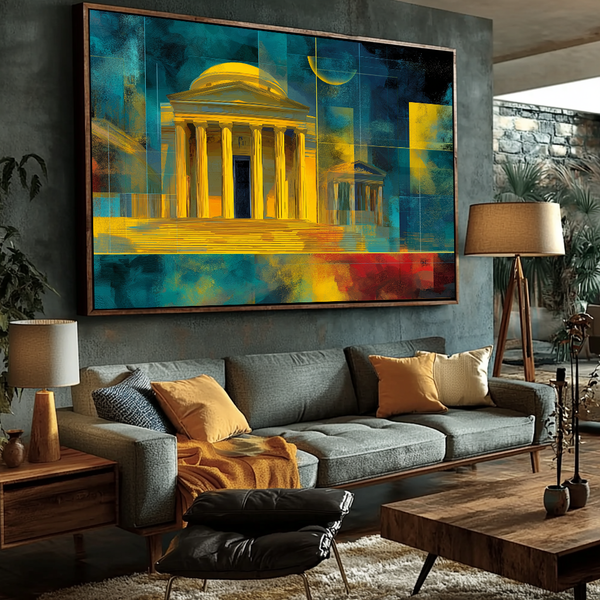 Quadro de escritório arquitetura vibrante com moldura dourada e detalhes de luxo