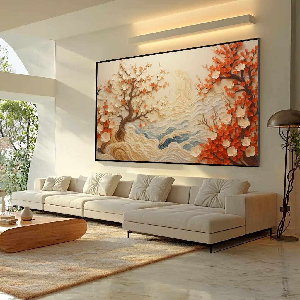 Quadros Decorativos Natureza com árvores floridas em paisagem serena
