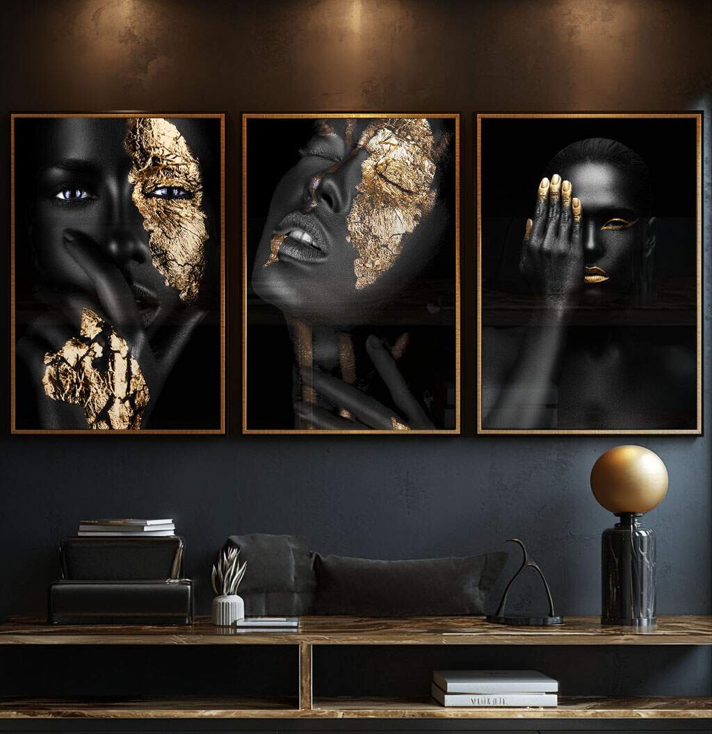 Quadro de signos com beleza dourada e tons luxuosos preto e dourado trítico, representando energia mística astrológica
