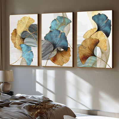 Quadros decorativos evangélicos em composição trípticopc com folhas ginkgo azul e dourado