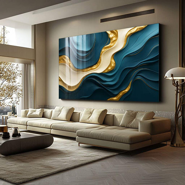 quadros decorativos para sala em composição abstrata azul dourado