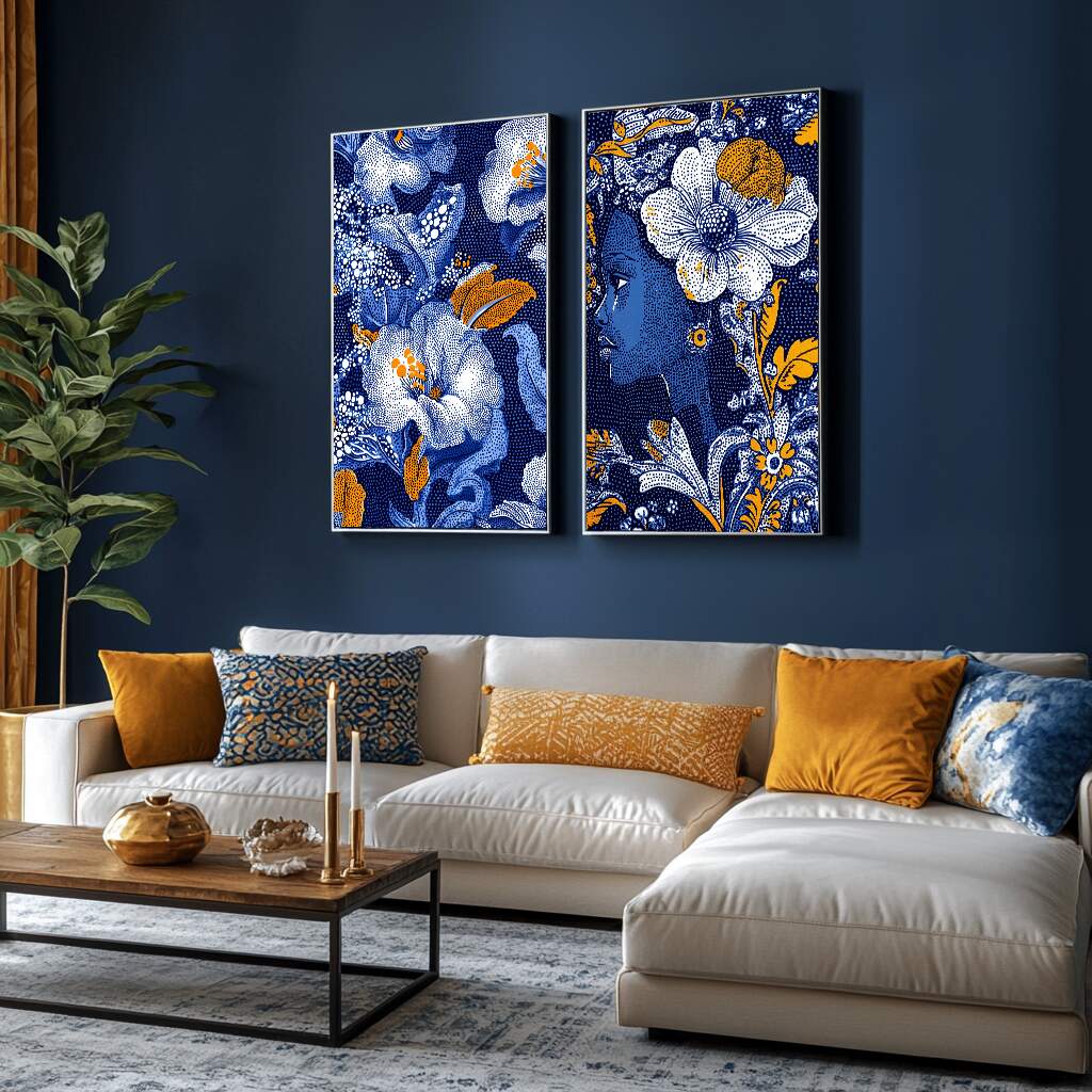 Quadro quarto feminino decorativo com flores brancas e douradas em tons de azul noturno