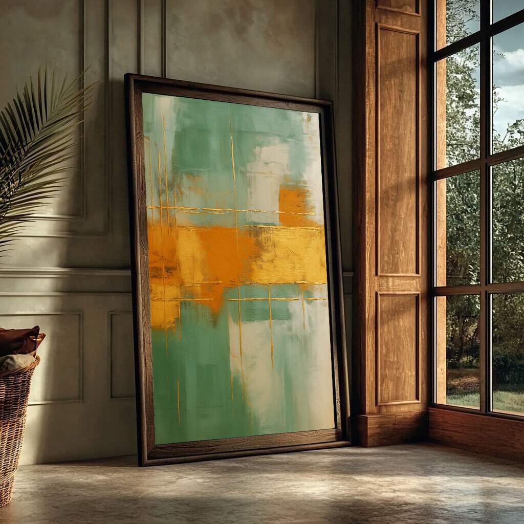 quadro decorativo abstrato para ambientes pequenos em composição geométrica verde e laranja