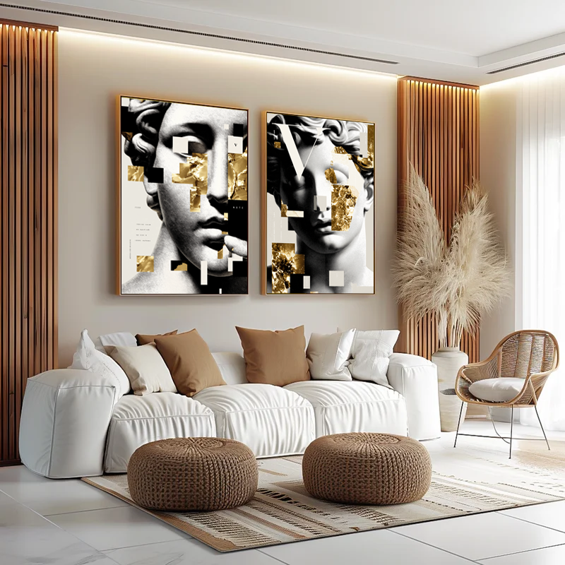 quadros decorativos modernos em sala de jantar com design geométrico dourado