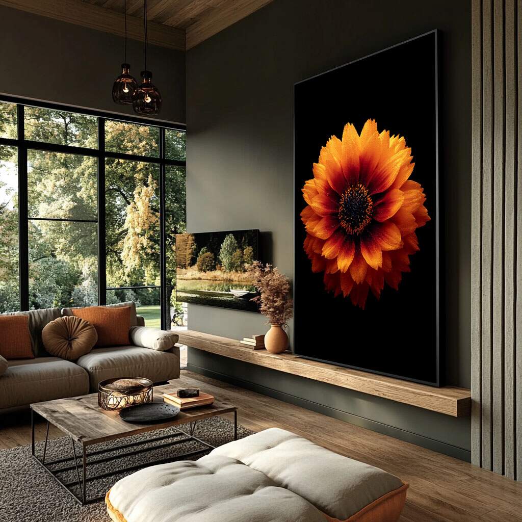 quadro decorativo flor laranja e vermelha em fundo preto para quarto de casal romântico