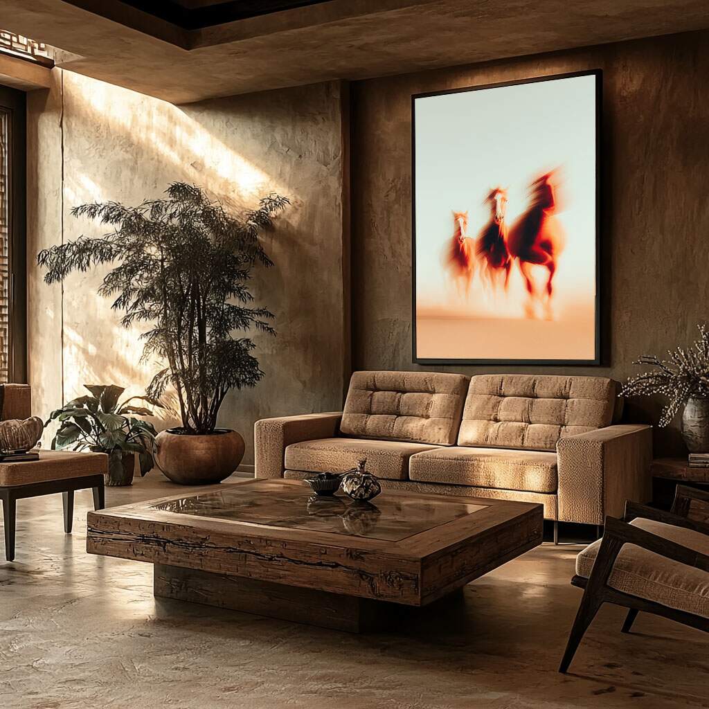 Quadro de cavalo para sala em movimento com pôr do sol no deserto