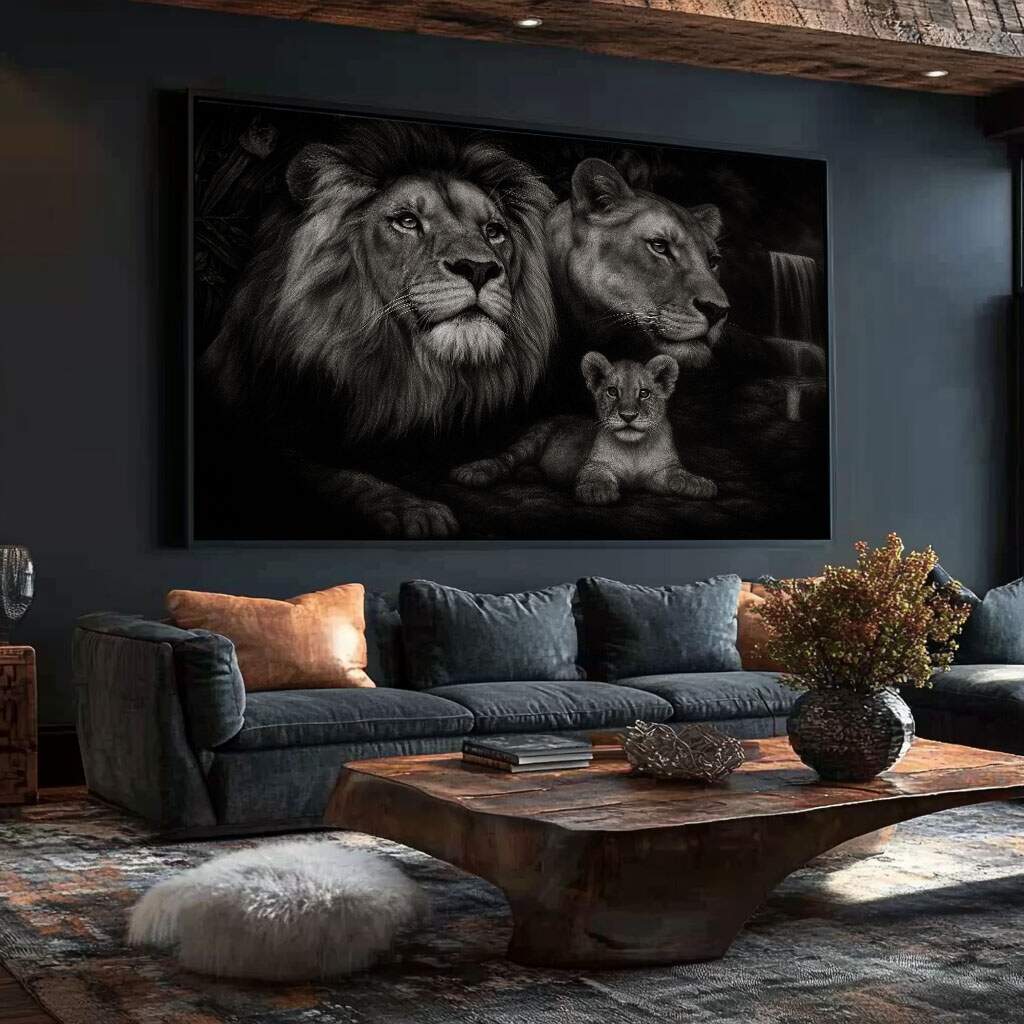 Quadro de leão e leoa majestosos em composição preto e branco de alta durabilidade