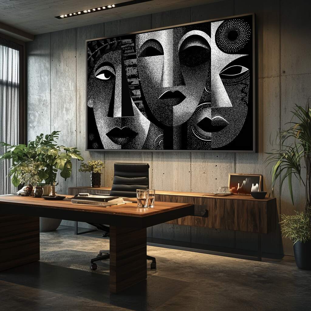 quadros decorativos para casal na sala com rostos abstratos em preto e branco