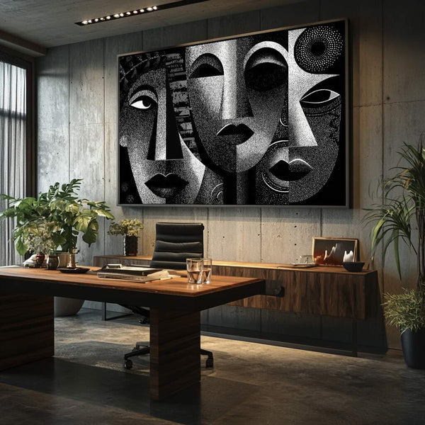 quadros decorativos para casal na sala com rostos abstratos em preto e branco