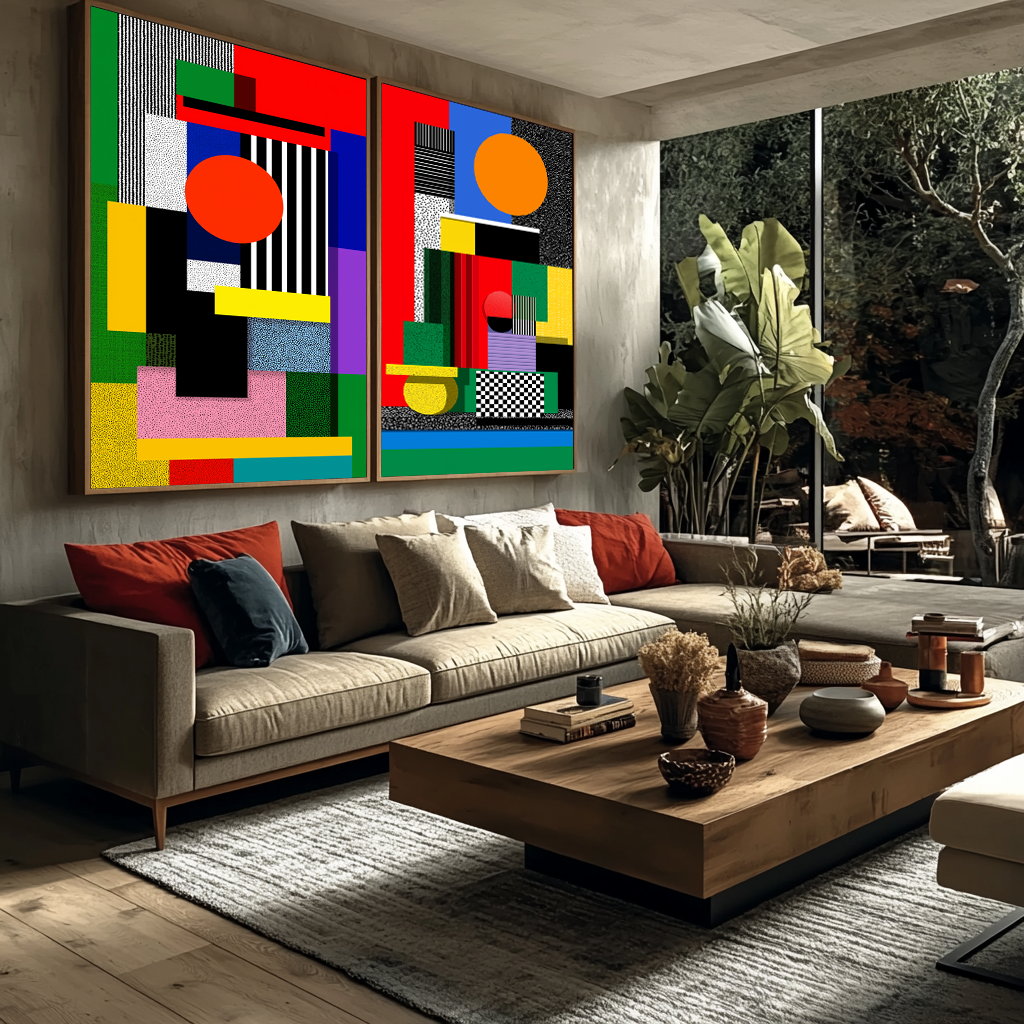 quadros decorativos abstratos geométricos vibrantes para salas