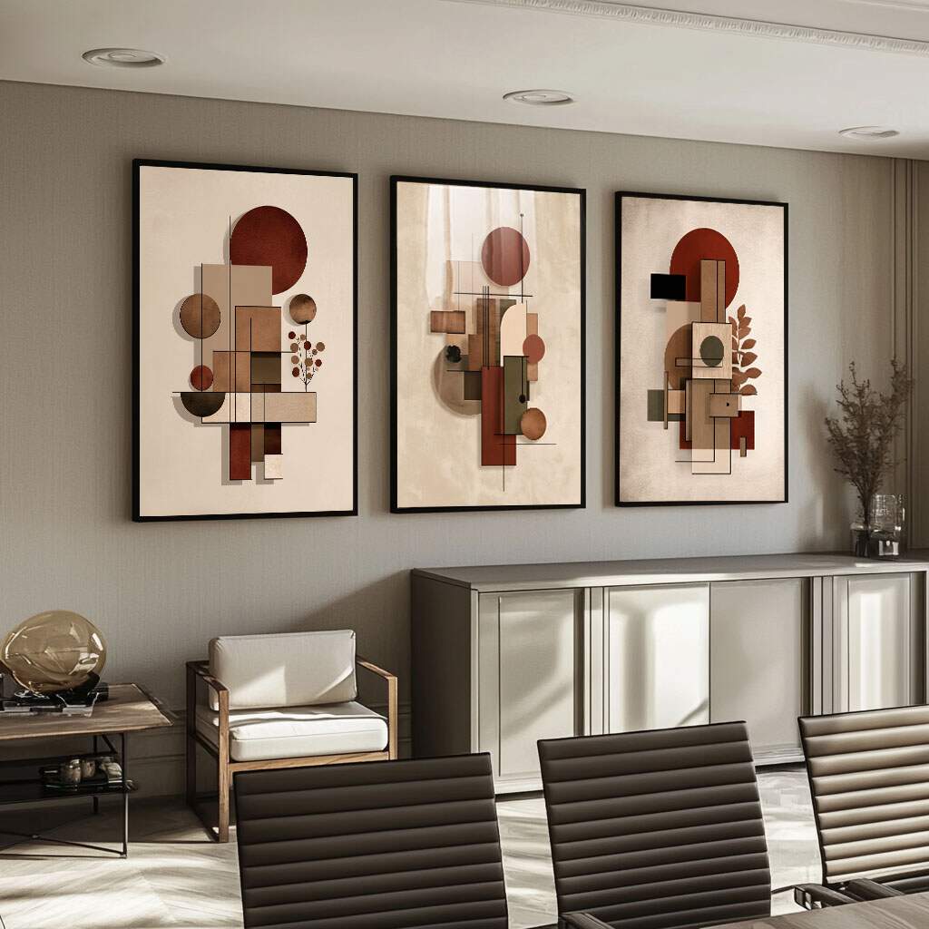 quadro decorativo abstrato terra e folhagem para cozinha clean com tons neutros