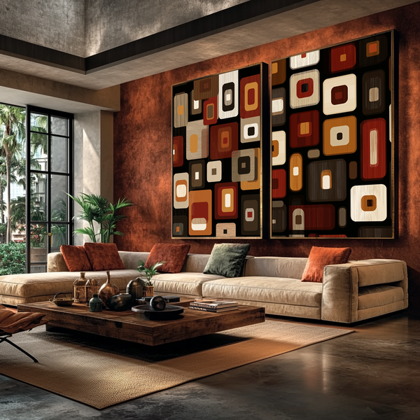 Decoração para quadros retrô com padrões geométricos em terracota e cores vibrantes