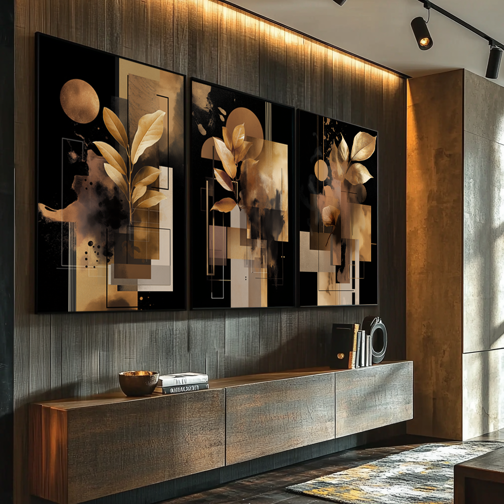 quadros decorativos abstratos dourados para galeria de arte em casa