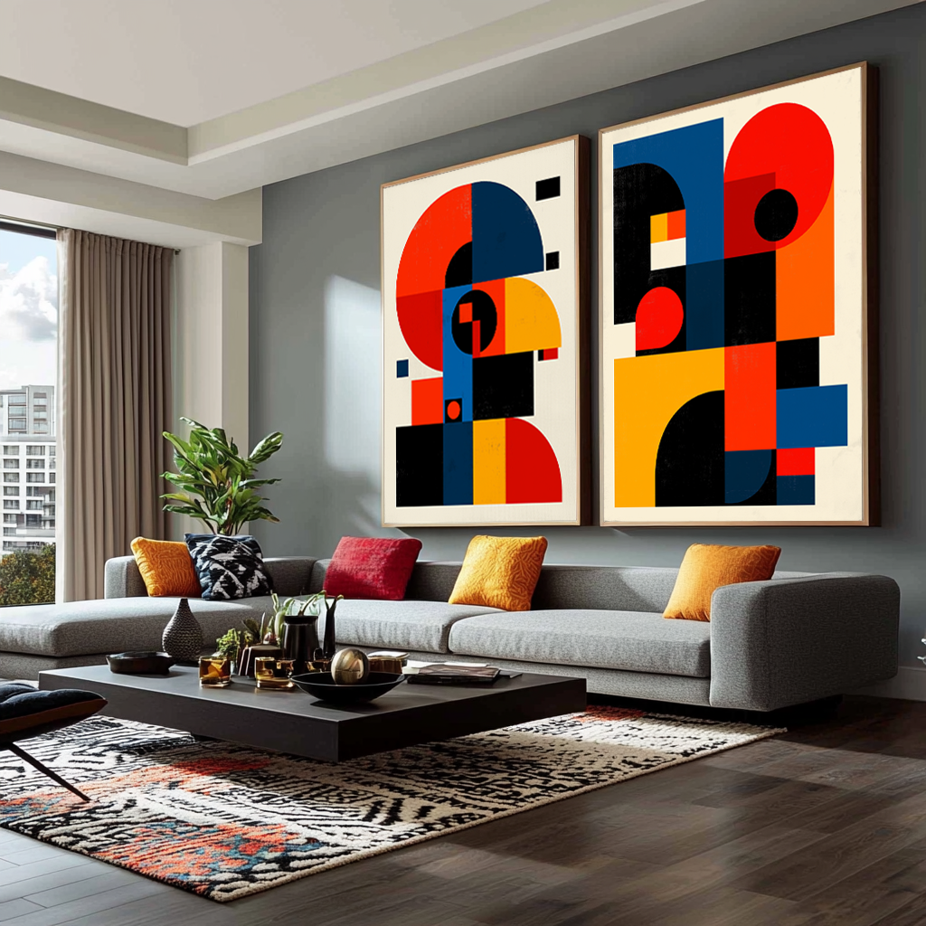 quadros decorativos geométricos abstratos em composição de parede para sala