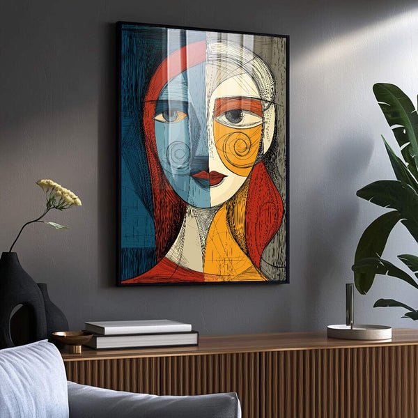 Quadro decorativo infantil feminino com design cubista, rosto abstrato em cores vibrantes