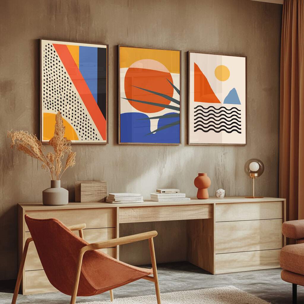Decoração para quadro para quarto com cores vibrantes em composição abstrata geométrica