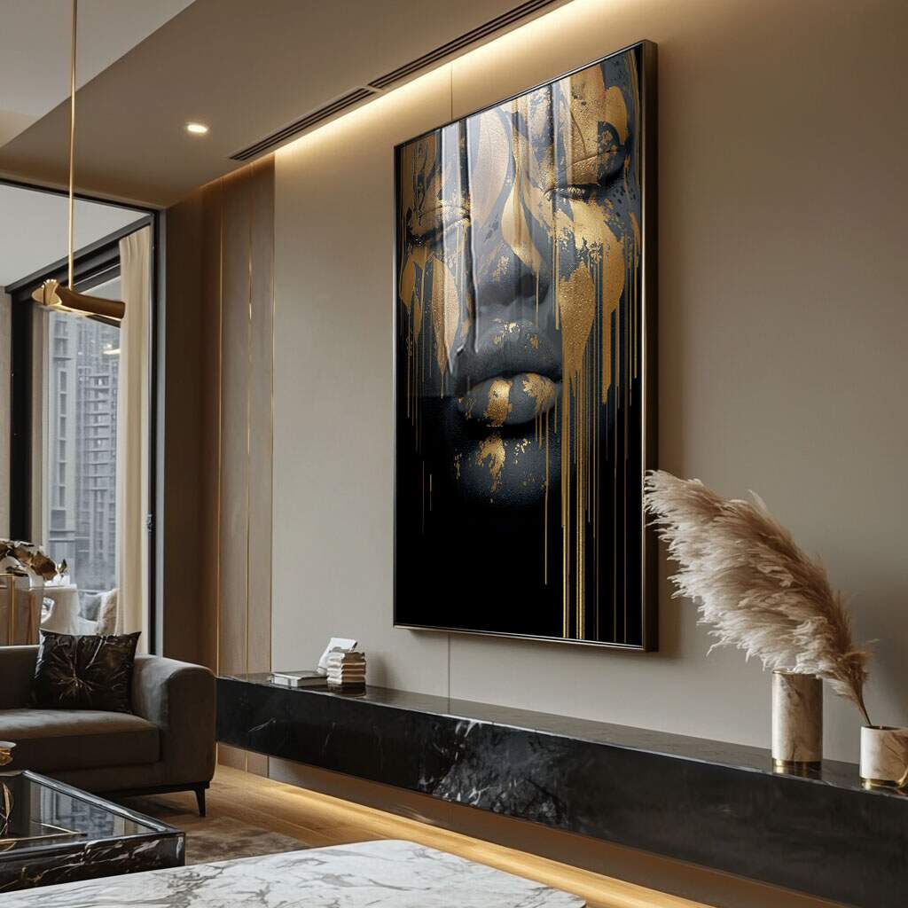 quadros decorativos modernos para sala de estar com moldura dourada e acabamento contemporâneo