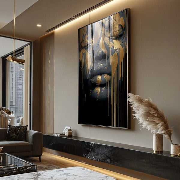 quadros decorativos modernos para sala de estar com moldura dourada e acabamento contemporâneo