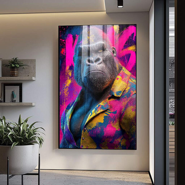 quadro decorativo infantil masculino com gorila estilizado em cores vibrantes para quarto
