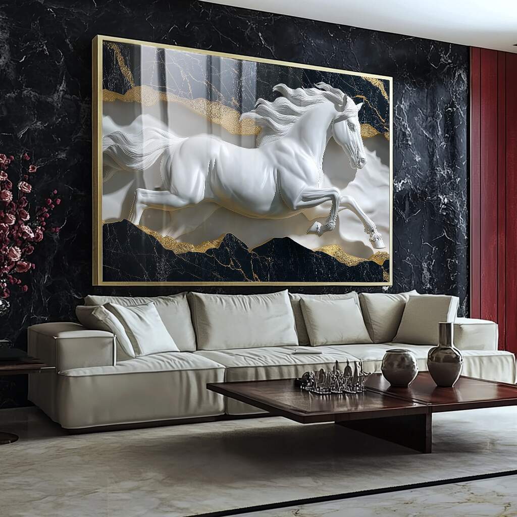 Decoração para quadro escultura cavalo branco relevo dourado movimentado representando dimensionalidade