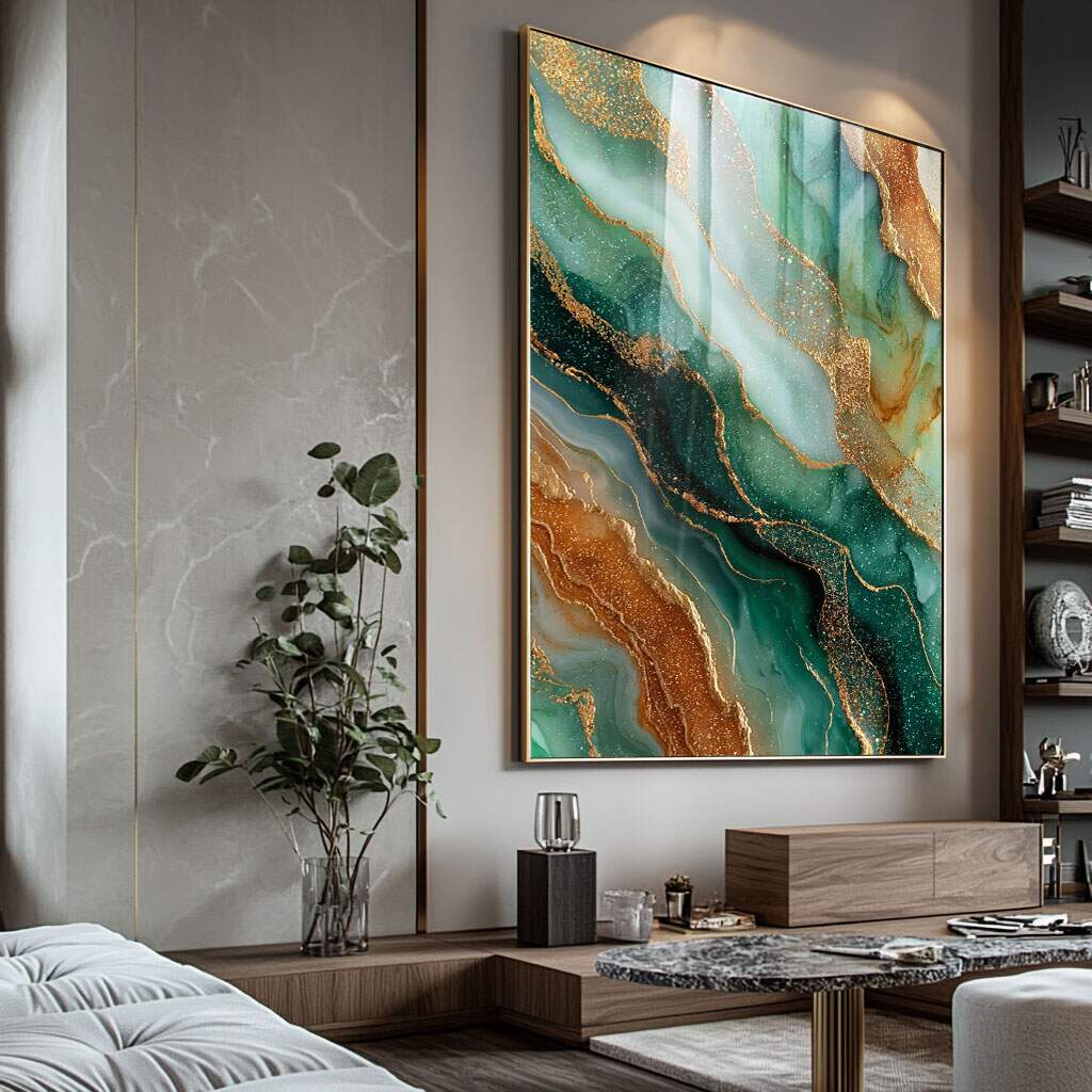quadros decorativos com tonalidades douradas em padrão geológico verde e ouro
