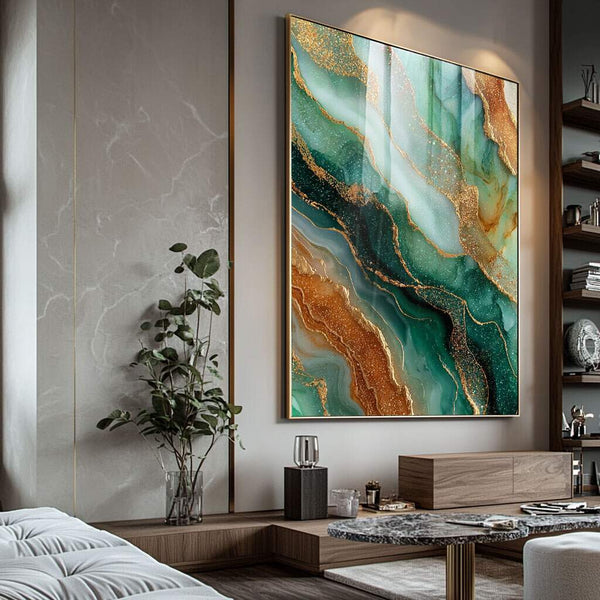 quadros decorativos com tonalidades douradas em padrão geológico verde e ouro