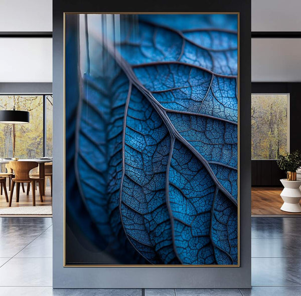 quadros decorativos com folhas azuis em ambiente iluminado para salas de estar