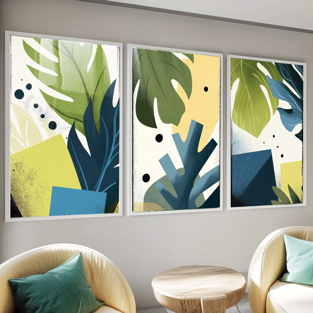 quadros decorativos com geometria natural em tons verdes e azuis para sala