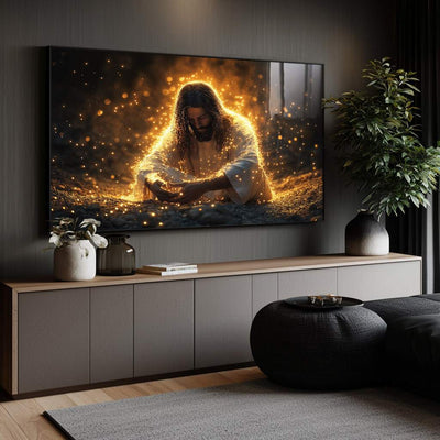 Quadro de santo Jesus Cristo com aura dourada e luz divina em tons bege