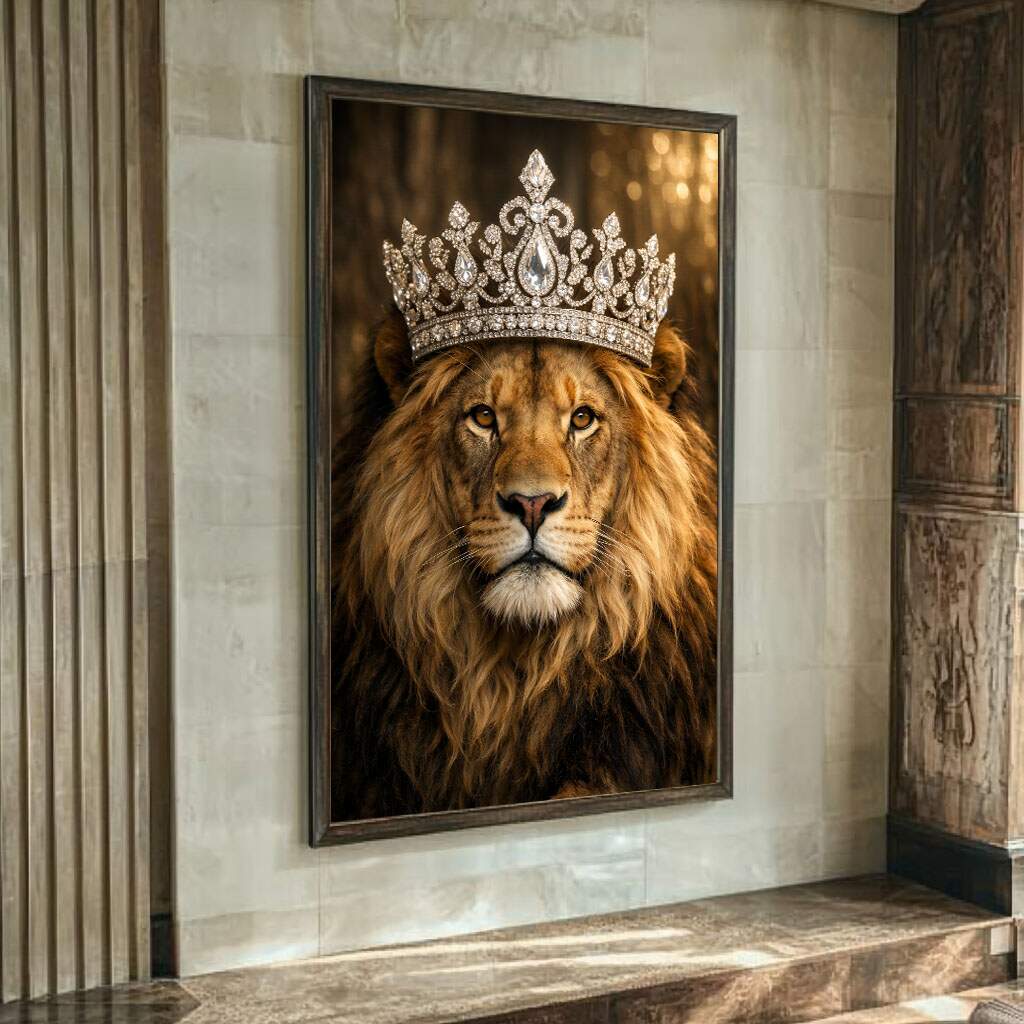quadro de leão preto e branco em canvas com moldura dourada para decoração premium
