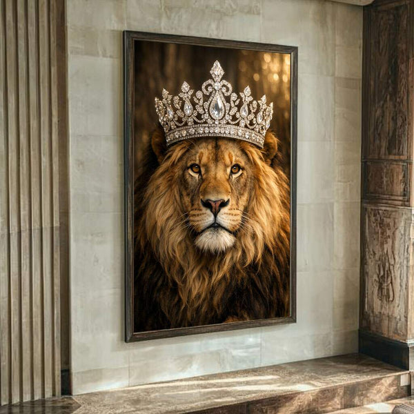 quadro de leão preto e branco em canvas com moldura dourada para decoração premium