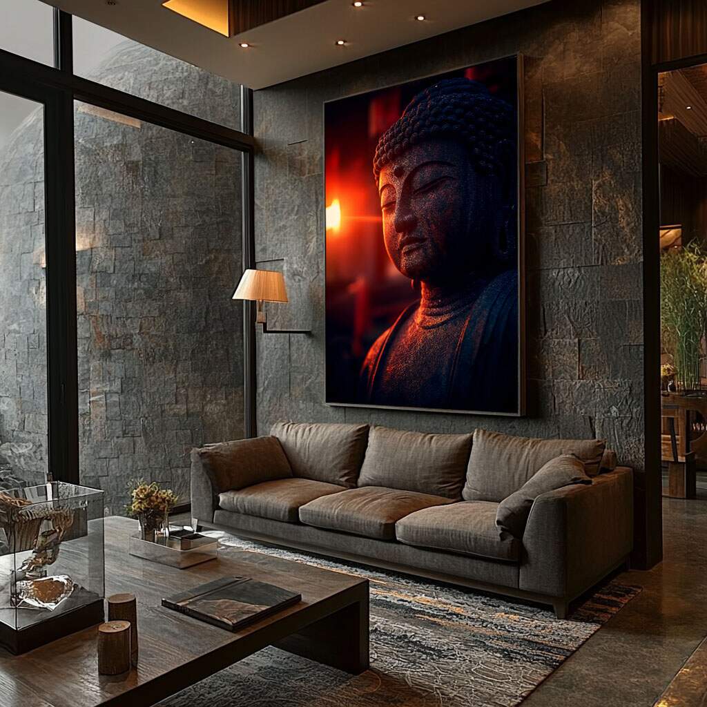 Quadro de Buda Sereno Refletindo em cores dourado e vermelho transmitindo paz