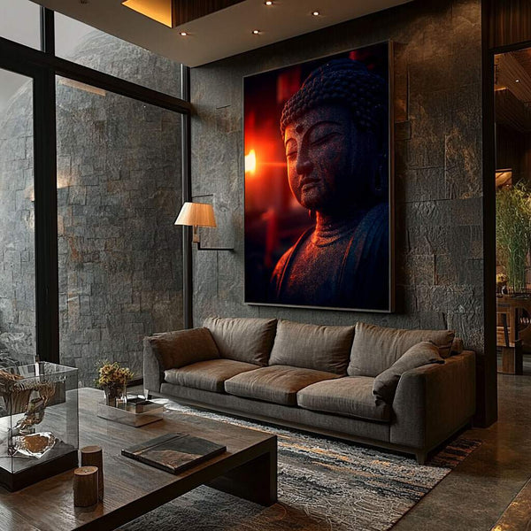 Quadro de Buda Sereno Refletindo em cores dourado e vermelho transmitindo paz