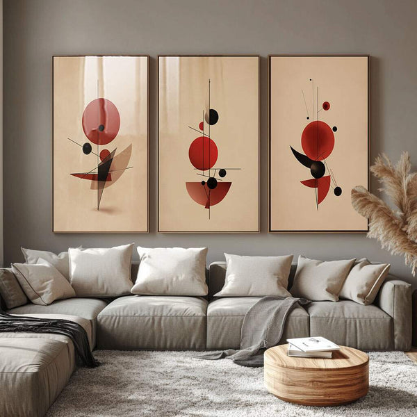 Quadros com arte moderna composição geométrica com círculos vibrantes em tons de vermelho criando movimento e energia visual