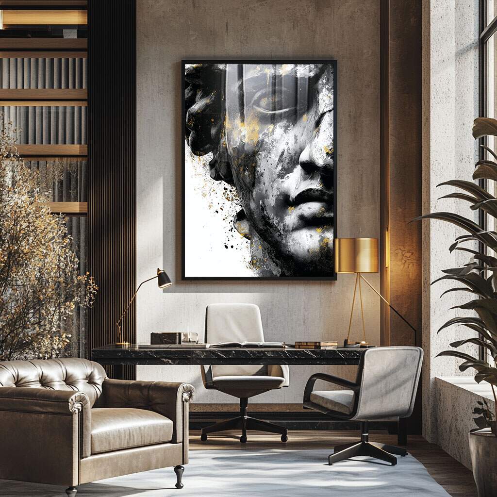 quadro decorativo rosto fragmentado em preto e dourado com moldura