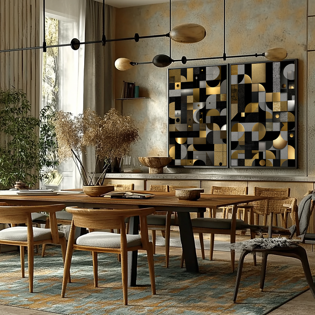 quadros decorativos geométricos para área de churrasco em estilo elegante