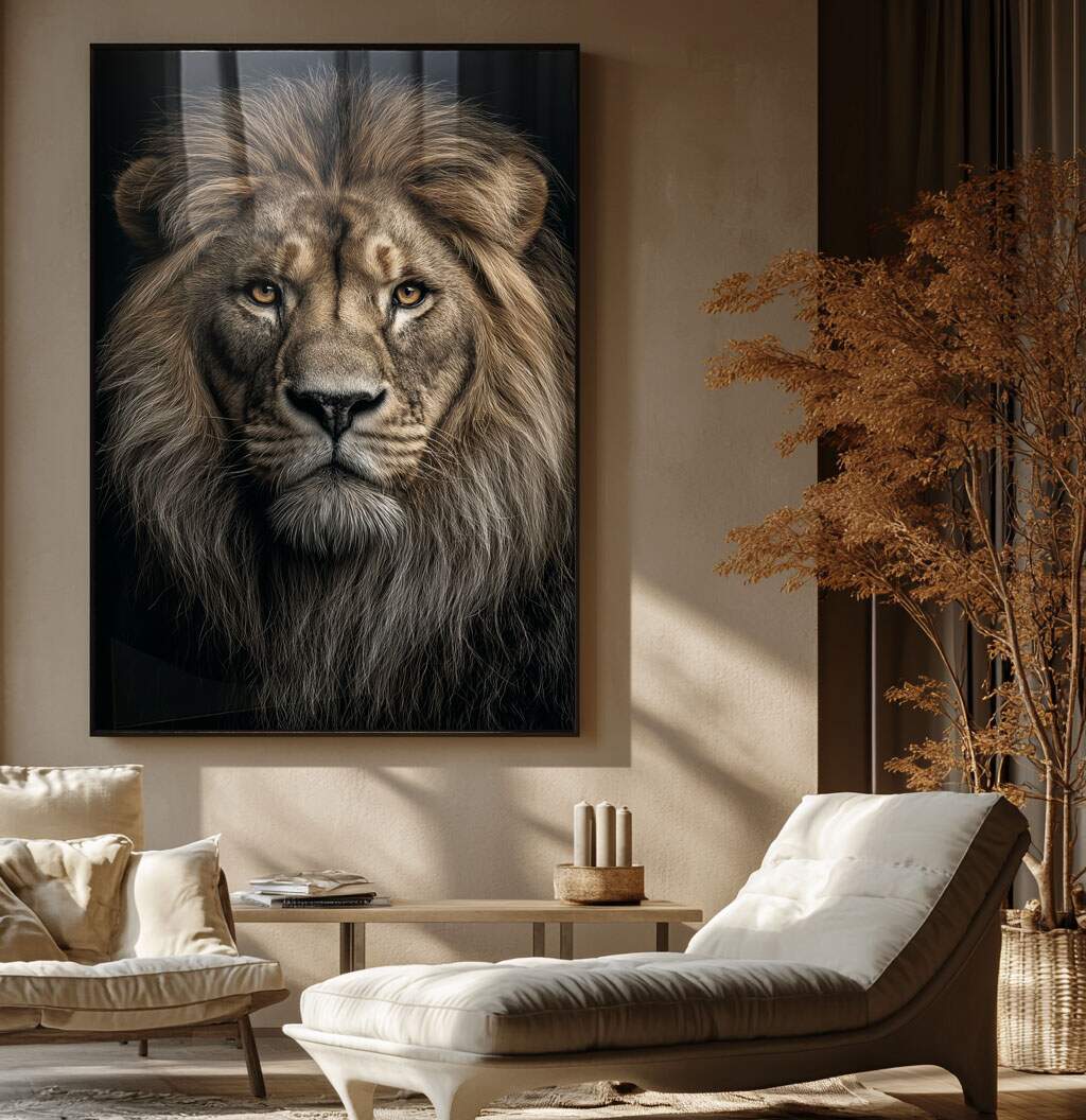quadro decorativo leao para quarto de casal em preto e branco com moldura classica