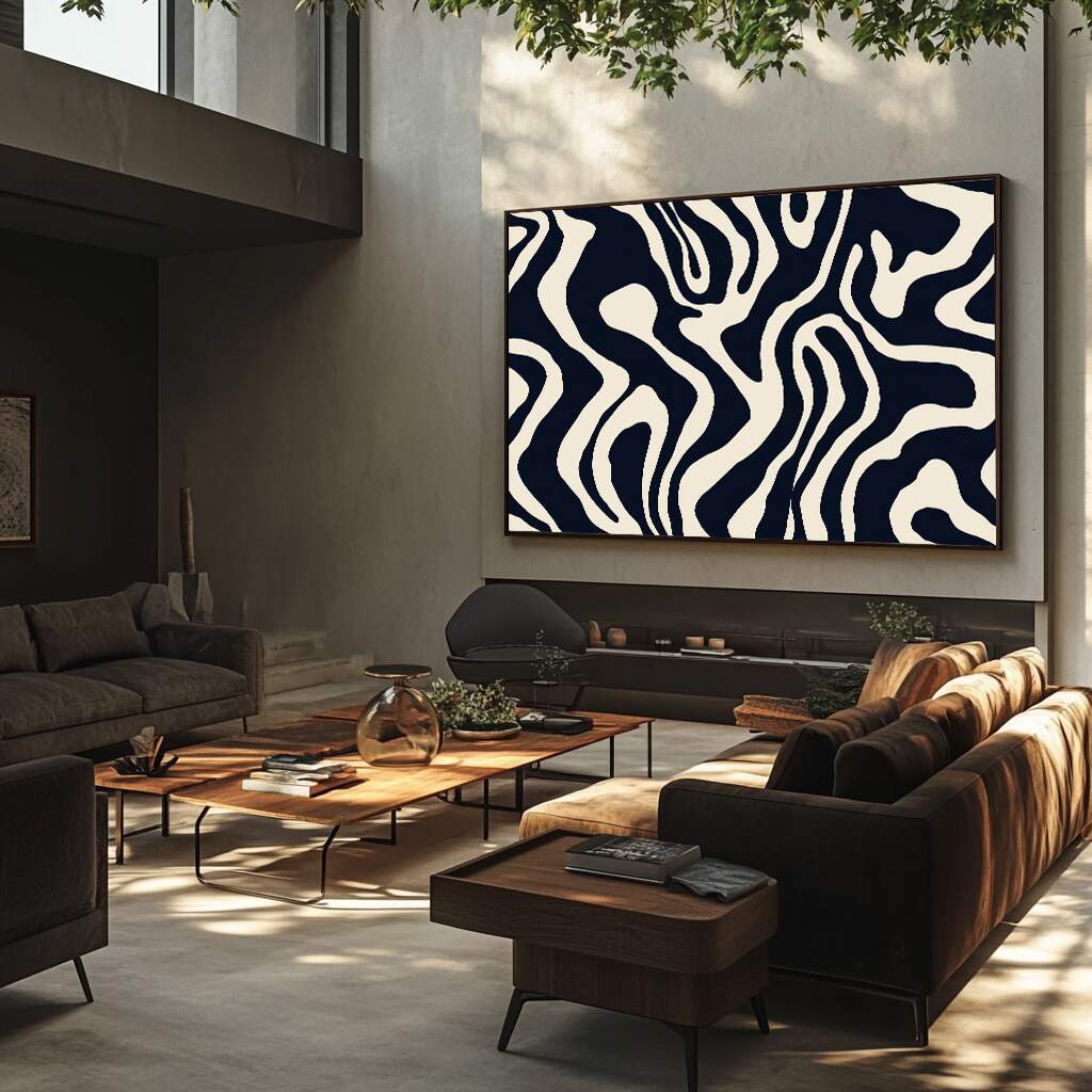 quadros decorativos modernos para sala minimalista em tons de azul marinho e creme