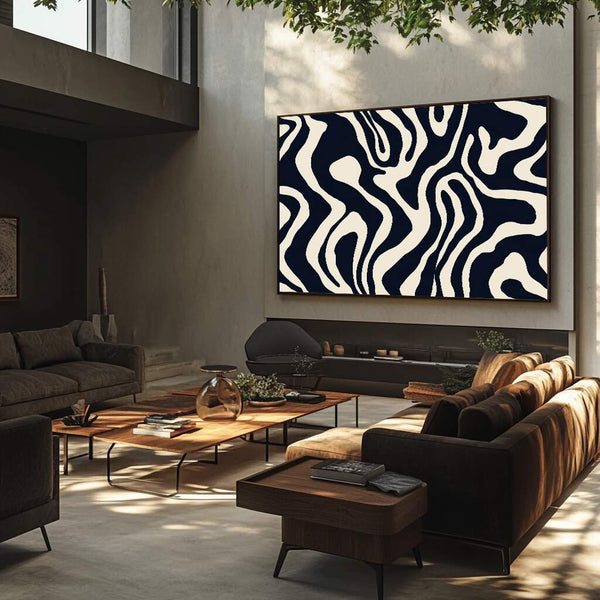 quadros decorativos modernos para sala minimalista em tons de azul marinho e creme