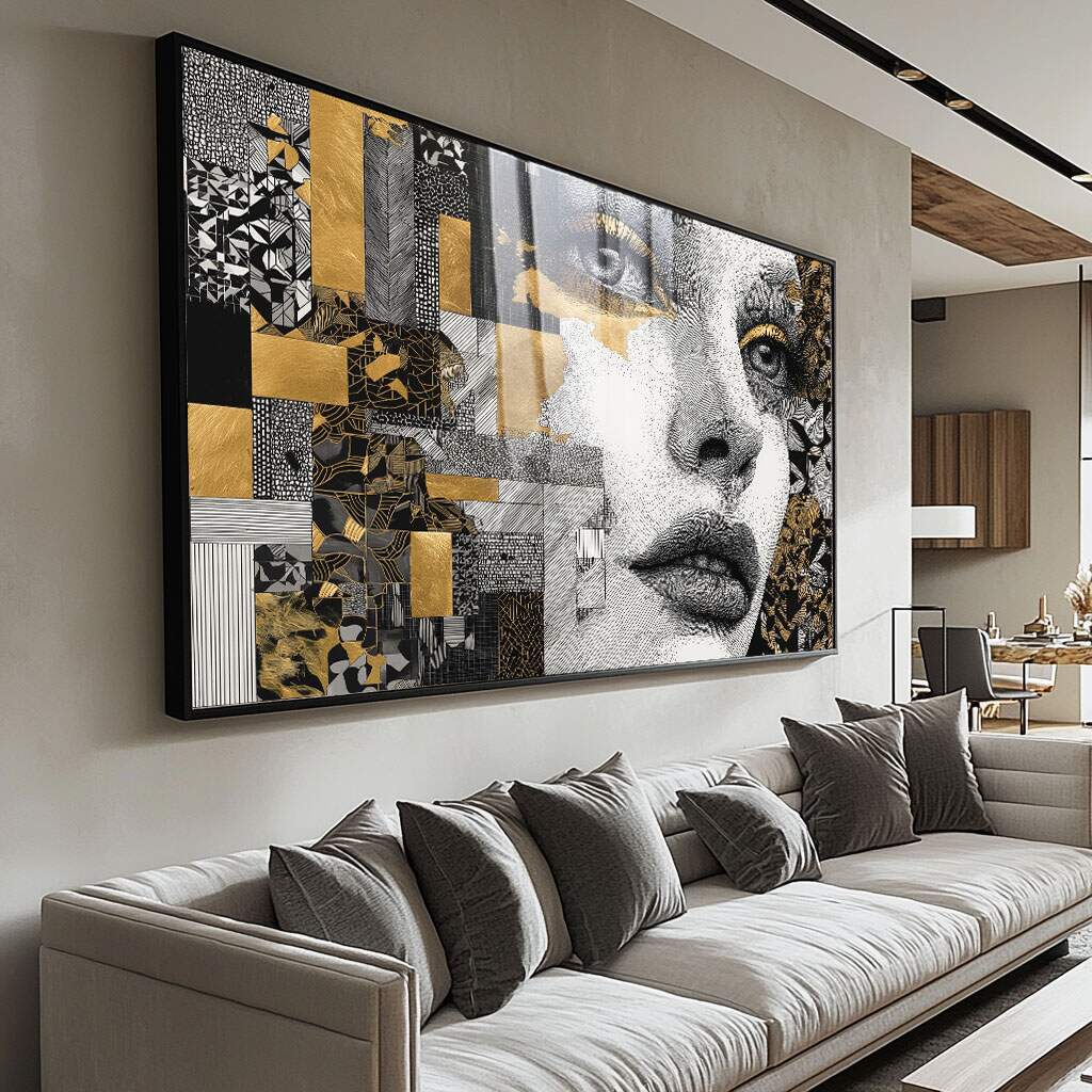 quadros decorativos com rostos femininos afros em preto branco e dourado para sala