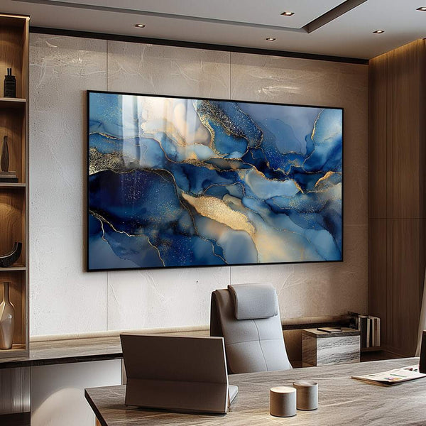 quadro decorativo tela canvas com abstrato azul e dourado em ambiente premium